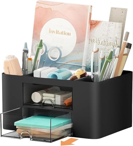 UCRAVO Versatile Desk Organiser with 5 Compartments, 2 Drawers and Multifunctional Storage Options - Ideal for Office Supplies, Stationery and Desk Accessories, Office Organiser - Black