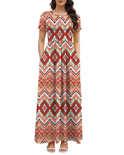 Image of COSSEN Women's Crew Neck Short Sleeve Maxi Dress with Pockets Casual Loose Swing for Wedding Guest Beach Vacation