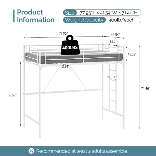Vingli Loft Bed Twin For Kids Loft Bunk Bed Frame With Stairs/Flat Ladder Rung,Metal Single Loft For Adults, No Box Spring Required, White #TOP6