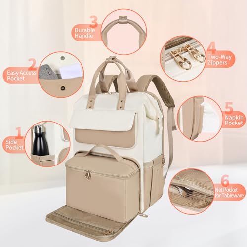 Image of BERTASCHE Lunch Backpack for Women, 15.6 Inch Laptop Backpack with Insulated Cooler Lunch box, Nurse Backpack for Teacher Work Travel College Picnic, Khaki-Beige