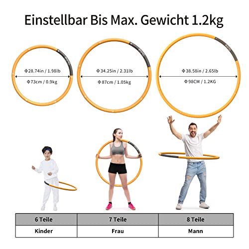 Foto von Amazon Brand - Eono - Hula Hoop Reifen Erwachsene Kinder mit Schaumstoff, Fitness Hula Hoop zur Gewichtsreduktion, 8 Segmente Abnehmbarer Hoola Hoop Reifen Geeignet Für Fitness/Sport 1.2kg 1.8kg