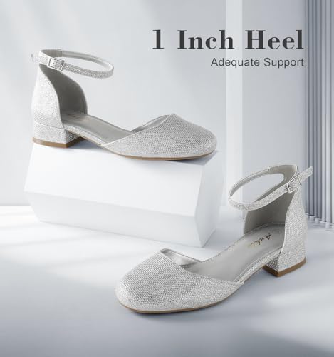Image of Ankis Silver Closed Toe Heels for Women, 1 Inch Women's Flats Low Block Heel Women Dress Shoes Womens Pumps Work Shoes with Ankle Strap for Spring Fall
