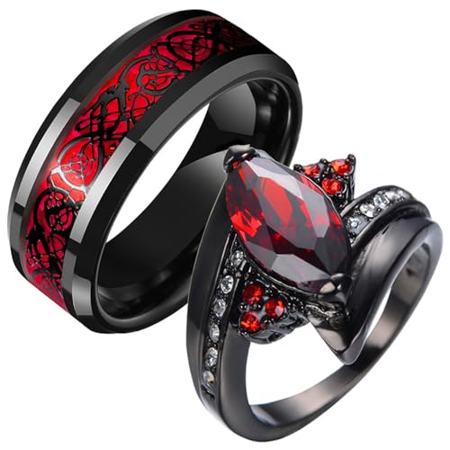 Matching Couple Rings Black Bridal Ring Set His and Hers 925 Sterling Silver 10K/14K/18K Gold Ruby Marquise Cut Gemstone Engagement Wedding Band Size 4-16