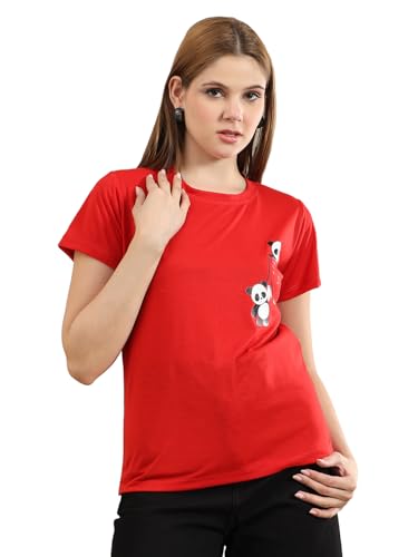 Image of bearbrother Women Regular Fit Printed Red Half Sleeves Round Neck Tshirt
