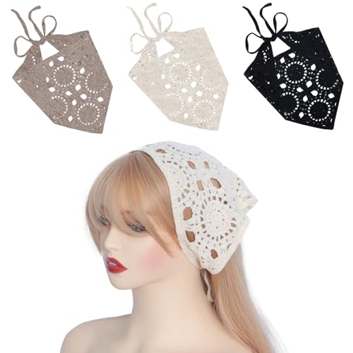 Wqebuid - 3 Pcs Floral Crochet Hair Bandanas silk Headbands Headscarf Scarves Satin Wrap Coverings Vintage Head Kerchief for Women Girls - -28%