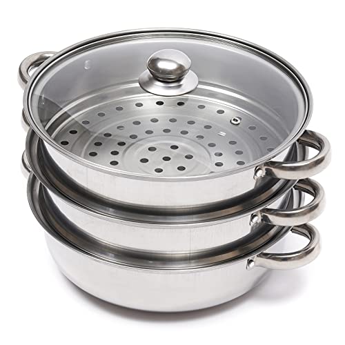 KEESUNG 3-lagiger Edelstahl Dampfkocher, 28cm Drei Lagen Edelstahl Dampfgarer Steam Cooker Kochtopf Dampfgarer mit Glasdeckel Stapelbar...