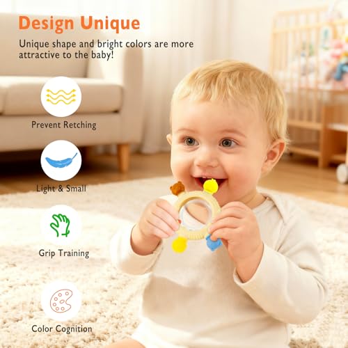 Baby Teething Toy for 0-6 6-12 Months Sensory Toys Baby Rattle Teether | Freezer Safe Silicone Teether | Silicone Baby Teething Ring for Teething Relief | BPA Free, Easy Grip Design for Infants - Image 4