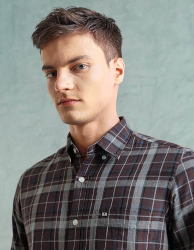 Image of Arrow Sport Men Slim fit Cotton Checked Long Sleeves Spread Collar Shirt