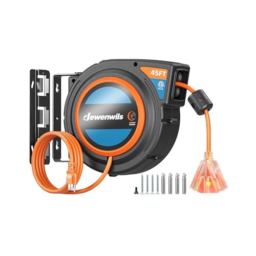DEWENWILS 45FT Retractable Extension Cord Reel with Twist-lock Stopper, 12/3C/15A SJTOW Power Cord Reel, Lightweight and Portable, for Home Maintenance, Garages, Workshops, ETL Listed, Orang