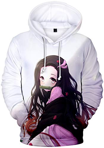 WINKEEY Sweat Demon Slayer Homme Pull 3D Impirmé Nezuko Tanjiro Animé Cosplay Sweatshirt Japonais Manga pour Homme Femme, Blanc 6516 4XL