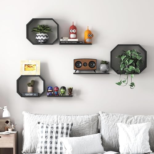 Image of Wall Mounted Floating Shelves Set of 6, Multipurpose Display, Book, Storage & Decor Shelves, Octagon Shape Wooden Wall Shelf for Living Room, Bedroom, Kitchen (Black)