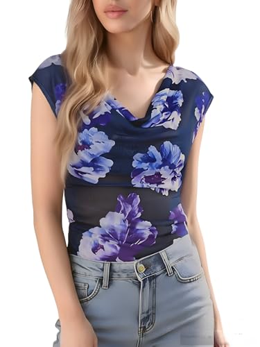 GERT COREL Women's Cowl Neck Sleeveless Top 2026 Sleeveless Ruched Floral Printed Shirts Summer Tank Tops (US, Alpha, Small, Regular, Regular, Blue) — view 4
