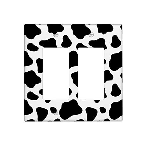 Cow 2 Gang Light Switch Cover Decorative, Wild Animals Fur Cattle Skin Plain Black Spots Double Rocker Wall Plate Decora Switchplate Electrical GFCI Faceplate for Kitchen Bathroom Wall Panel Decor