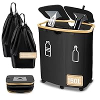 MOWETOO Pfandflaschen Sammelbehälter 2 Fächer, 150L Pfandflaschen Behälter mit Deckel, Behälter Leergut & Altglas Aufbewahrung, Mülleimer Küche inkl 2 Tragetasche, Wasserdicht Fahrbar mit Rollen