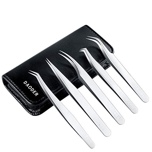 DAODER 5pcs Lash Eyelash Extension Tweezers Straight & Curved Bent Point Tip Precision Tweezers Set Tool for Lash Extension Application and Crafts with PU Storage Case