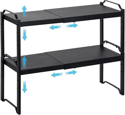 2 Pack Expandable Cabinet Countertop Shelves, Stackable Shelves Organizers For Kitchen Cabinet Countertop Storage, Adjustable Counter Cupboard Pantry Organizer Shelf Rack Stand, Length:20.5'