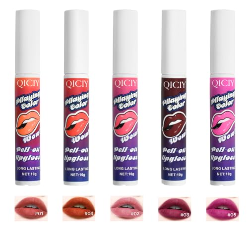 Lip Stain Abziehbar Satz mit 5 Farben Lip Tint Matt Wasserfest und Lang Anhaltend Nicht Klebend Lip Stain Peel off füR Frauen und MäDchen