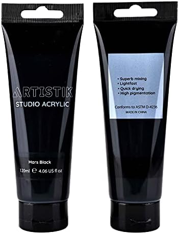 Artistik Mars Black Acrylic Colour Paint Tubes - Set of 2 - 120ml Professional Grade Paints for Canvas Paper Wood and Other Surfaces Vivid Non-Toxic Paint for Kids Beginners and Artists