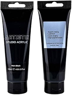 Artistik Mars Black Acrylic Colour Paint Tubes - Set of 2 - 120ml Professional Grade Paints for Canvas Paper Wood and Other Surfaces Vivid Non-Toxic Paint for Kids Beginners and Artists