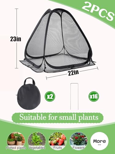 Image of ANPHSIN 2pcs Durable Plant Covers, Pop-up Fine Mesh Plant Tents, 22x22x23in | Plant Protectors with 8 Stakes, Garden Crop Guard Cages for Vegetable Fruis Away from Animal Birds Deer Squirrels