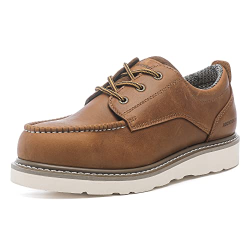 Rockrooster Trinidad Men's 4" Soft Moc Toe Brown Leather Work Shoes, Lightweight Vibram Wedge Work Boots Vap2302-09 #TOP23