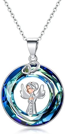 PORTCAS Nurse Crystal 925 Sterling Silver Necklace for Women, Medical Healthcare Worker Jewelry Necklaces for Nurse, Angel Wings Pendant Necklace Graduation Gift for Doctor, Best Friends