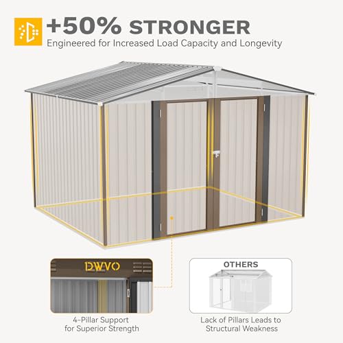 Image of DWVO 10x8FT Outdoor Storage Shed, Spacious Metal Tool Shed with Lockable Doors & Ventilation for Patio, Lawn, and Backyard, Ideal for Storing Garden Equipment, Lawnmowers, and Bicycles, Brown
