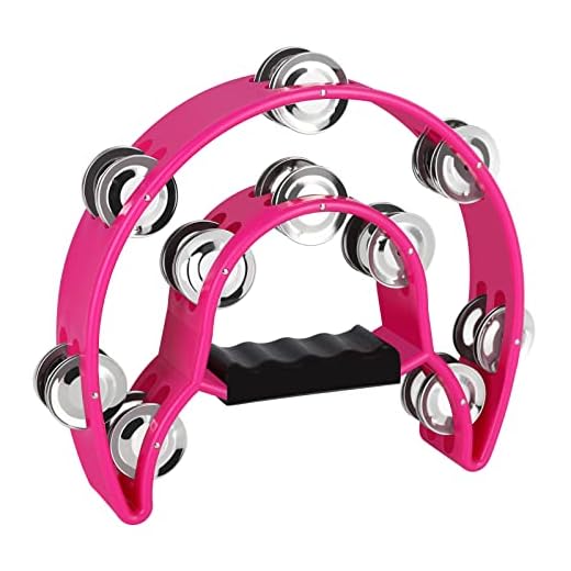 EastRock Double Row Tambourine,Metal Jingles Hand Held Percussion-Half Moon Tambourine for Adults, KTV, Party Pink