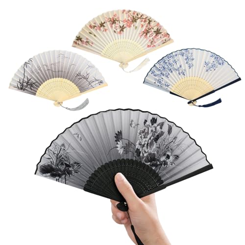 Set 4 Ventagli Carta Pieghevoli Cinesi | Ventagli in Carta Nero, Grigio, Blu e Rosa con Manico Legno, Nappe & Effetto Seta | Ideale per Decorazione e Rinfresco