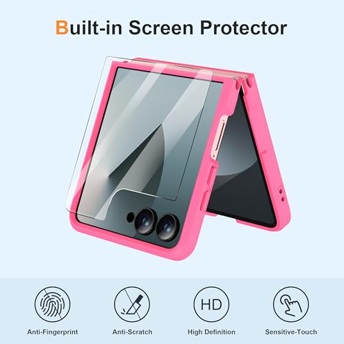 Image of ORETECH Magnetic for Samsung Galaxy Z Flip 7 Case, with [2 x Screen Protector] Translucent Back Non-Slip Hard PC Shockproof Bumper Protective Case for Samsung Z Flip 7 - Hot Pink