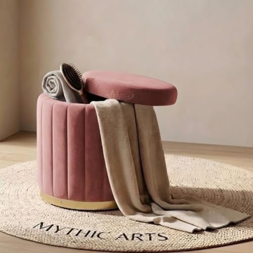 Image of Superior Round Storage Ottoman Stool 16 X 16X 19 inch, with Gold Metal Base | Elegant Pouffe with Secret Storage | Cushioned Footrest for Living Room, Bedroom, and Lounge Pink