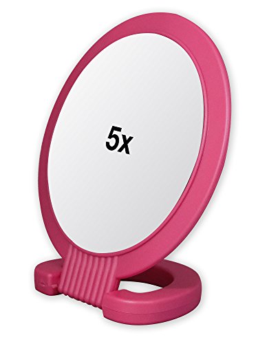 Double Sided Magnifying Mirror - Vanity Round Makeup Mirror with 1x and 5x Magnification - Mirror Stand with Adjustable Handle - Light, Compact Mirror - Portable, Standing Mirror for Travel (Pink)