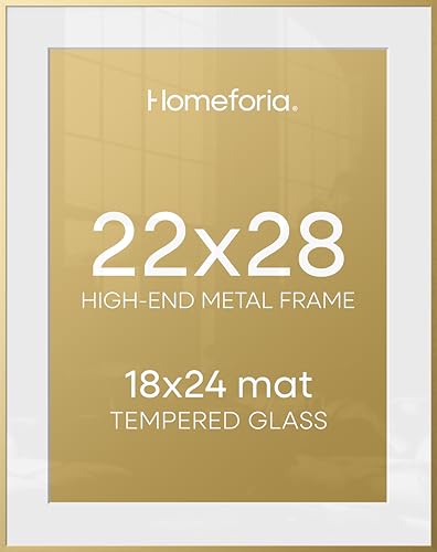 Image of Homeforia 22x28 Picture Frame Gold, High End Metal 22 x 28 Large Poster Frames with Mat 18 by 24 for Photo, 22x28 Gold Frame Matted to 18x24 inch Print, 28x22 Frame, Tempered Glass, Wall Kit, Set of 2