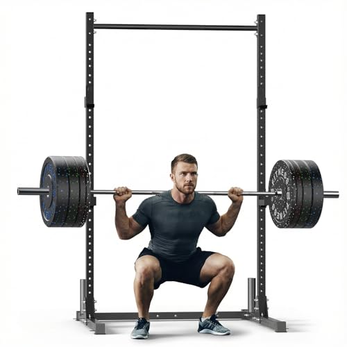 papababe Squat Rack with Barbell Weight Plate Set for Home Gym, Power Rack with J-Hooks, Multi-Functional Weight Lifting Rack with 7 FT Olympic Barbell (190 LB Set-2 * 10, 2 * 15, 2 * 25, 2 * 45LB)