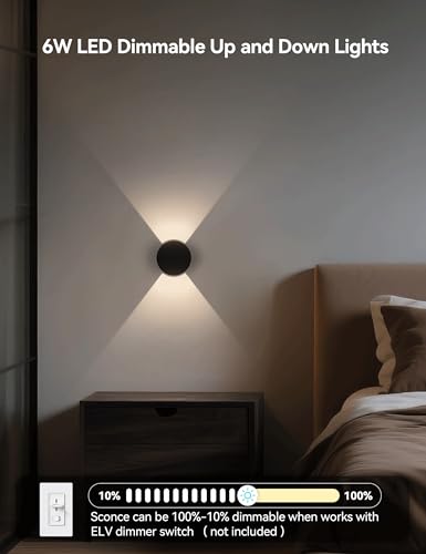 Image of Tubicen Wall Sconce Round Dimmable Modern Movie Theater Lights Up and Down | Beam-Adjustable Indoor Wall Sconces Hardwired LED Small Wall Light Fixture for Living Room Bedroom Hallway Stair 6W Black