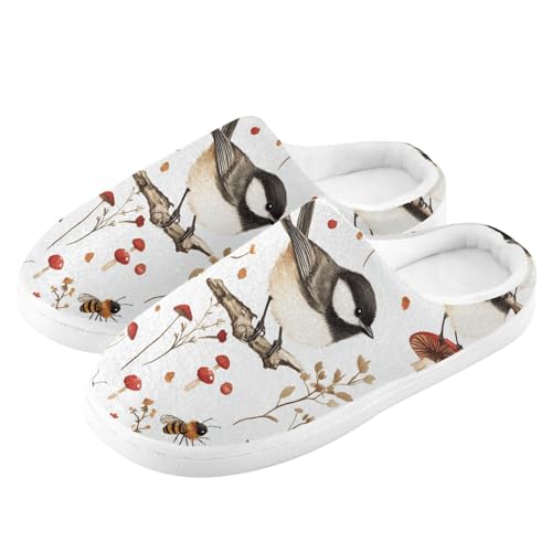 JUNZAN Funny Black-capped Chickadee Birds White Womens Cotton House Slippers Wide Memory Foam Hotel Slippers for Hotel Funny Presents 6-74
