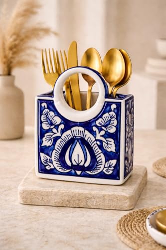 Image of Ceramic Utensil Holder, White Kitchen Organiser, Cutlery Set Holder (Blue Royal)