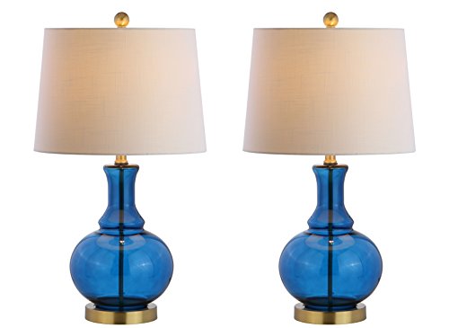 JONATHAN Y 25 Cobalt Blue-Brass Gold and Brass Gold Glass Table Lamp Set of 2 for Bedroom, Modern Bedside Lamp for Living Room Nightstand, White Linen Drum Shade, LED Bulb Included (JYL1068C-SET2)