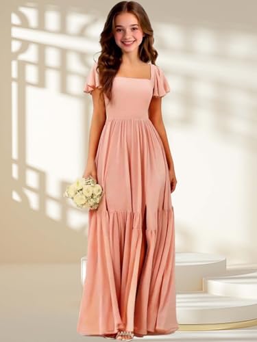 Chiffon Flower Girls Dresses Slit Ruffle Junior Bridesmaid Dress Square Neck Girls Wedding Party Dress2