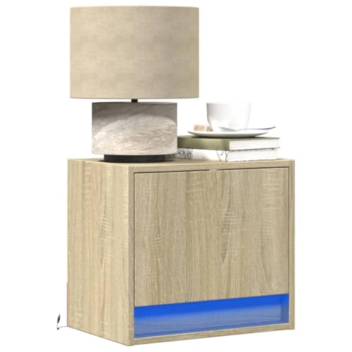 Mokuyary Set de 2 Mesitas de Noche con Luces LED, Puertos USB, Mesita de Noche Diseño Moderno Mesitas de Noche de Pared con Luces LED 2 Unidades Roble Sonoma