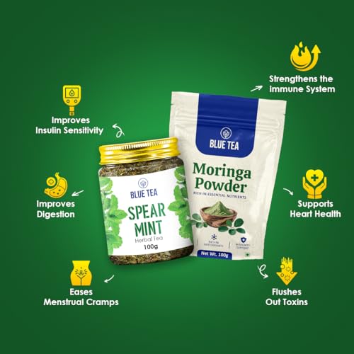 Image of BLUE TEA - Combo Pack - Spearmint Tea - 100 g - 100+ cups & Moringa Powder - 100 gm | Balances hormones | Rich in Vitamins, Minerals & Amino Acids | Energy Booster | Zipper & Pet Jar