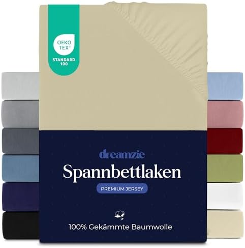 Dreamzie - Spannbettlaken - 140x200cm - 100% Gekämmte Baumwolle - Jersey | Beige · Leintuch mit Rundumgummi · Spannbetttuch bis 22cm Steghöhe · Oeko-Tex zertifiziert · Premium · Do