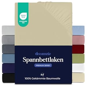 Dreamzie Premium Spannbettlaken 200x200 cm, Spannbetttuch für Dicke Matratzen bis zu 27 cm, Bettlaken 100% Jersey Baumwolle, 150 g/m², Oeko-TEX Zertifiziert - Beige