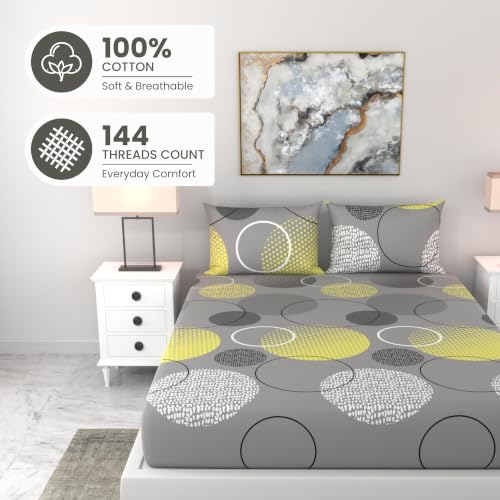 Image of LORETO - A QUALITY LINEN BRAND 144 TC 100% Pure Cotton Double /Queen Fitted Bedsheet with 2 Pillow Covers for 72 x 60 Inch Mattress, All-Around Elastic, 8 Inch Deep Pocket, Grey & Yellow Geometric