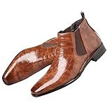 ENOEGMSD Fashion Chelsea Boots for Men's Leather Print Pointed Toe Slip-On Low Chunky Heel Retro Dress Business Chukka Ankle Oxford Boots for Formal Wedding Party Causal Work (Brown,11)
