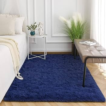 Image of AROMICK Modern Polyester Anti Slip Shaggy Fluffy Rug and Carpet for Living Room, Bedroom & Dining Room (4 x 6 Feet, Blue)