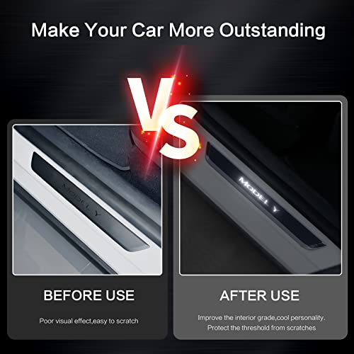 Tesplus Tesla Illuminated Door Sill Protector For 2020-2023 Model Y,4Pcs Black Welcome Pedal With Led Light,Magnetic Control Illumination Scuff Plate Door Entry Guard For Tesla Model Y Accessories #TOP6