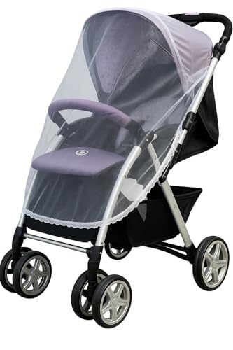 Zanzariera Universale per Passeggino – Rete Antizanzare in Maglia Fine con Bordo in Pizzo – Protezione Contro Insetti per Carrozzina, Ovetto, Seggiolino Auto – Bianco, Traspirante ed Elasticizzato