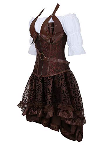 Steampunk Corset Dress 3 Piece Outfits for Women Leather Bustiers Gothic Lace Pirate Skirt Retro White Blouse Brown 4XL steampunk buy now online