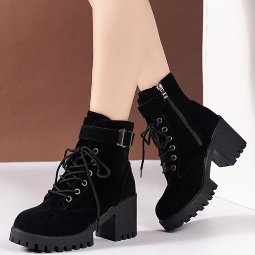 Women's Combat Ankle Boots Chunky Heel Lace up Fashion Heeled Booties Round Toe Side Zipper Motorcycle Boots3
